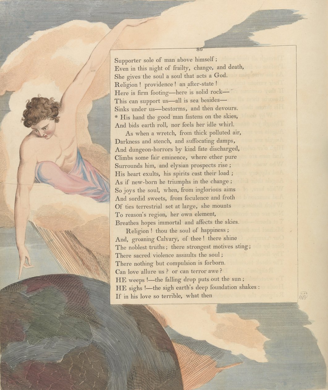 Youngovy noční myšlenky, strana 86, Jeho ruka, kterou dobrý člověk upíná k nebi. od William Blake