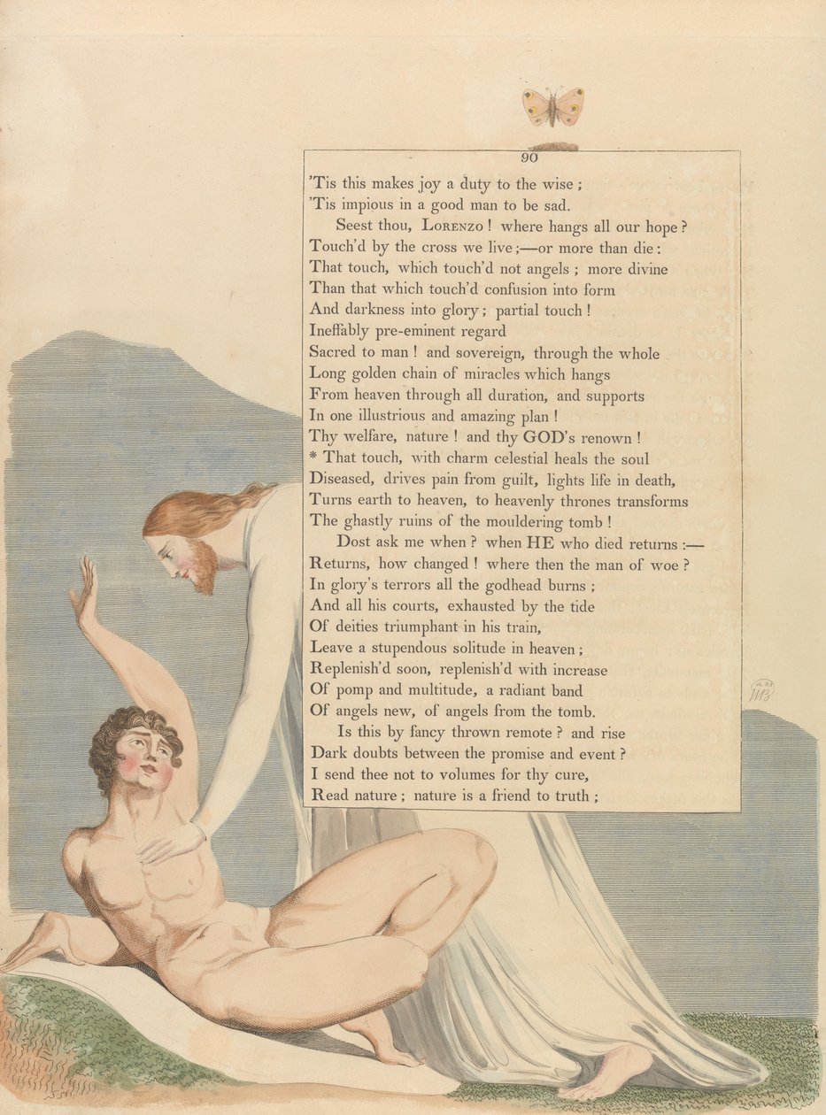 Myšlenky na noc mladých, Strana 90, Ten dotek, s nebeským kouzlem uzdravuje duši od William Blake