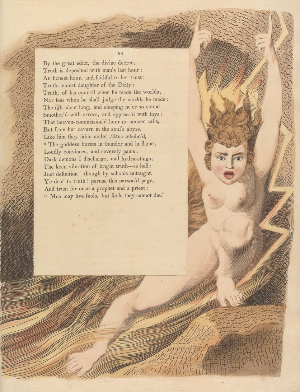 Myšlenky na noc mladých, strana 95, Bohyně vybuchne v hromu a v plamenech od William Blake