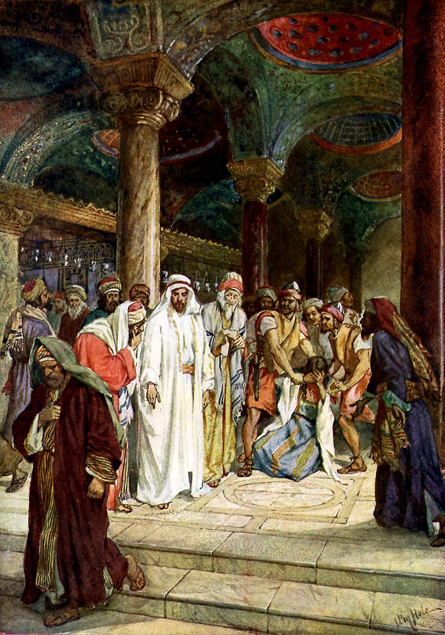 Farizeové přinášejí Ježíšovi cizoložnici - Bible od William Brassey Hole