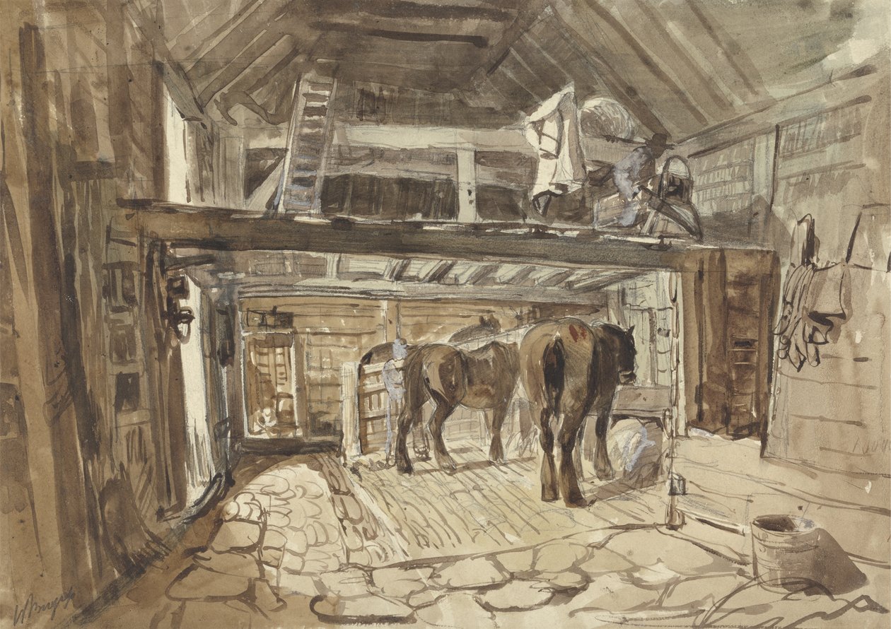Interiér stáje s krmením dvou koní (grafit, pero a inkoust s mytím na papíře) od Henry William Burgess