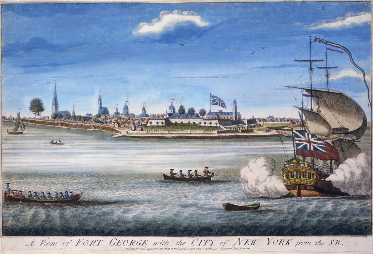 Pohled na Fort George s městem New York od jihozápadu, vyrytý Johnem Carwithamem, ca. 1764 ručně kolorovaná rytina od William Burgis