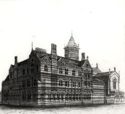 New Schools, Rugby - Pohled ze severozápadu, 1867-84 (akvarel a tužka na papíře) od William Butterfield