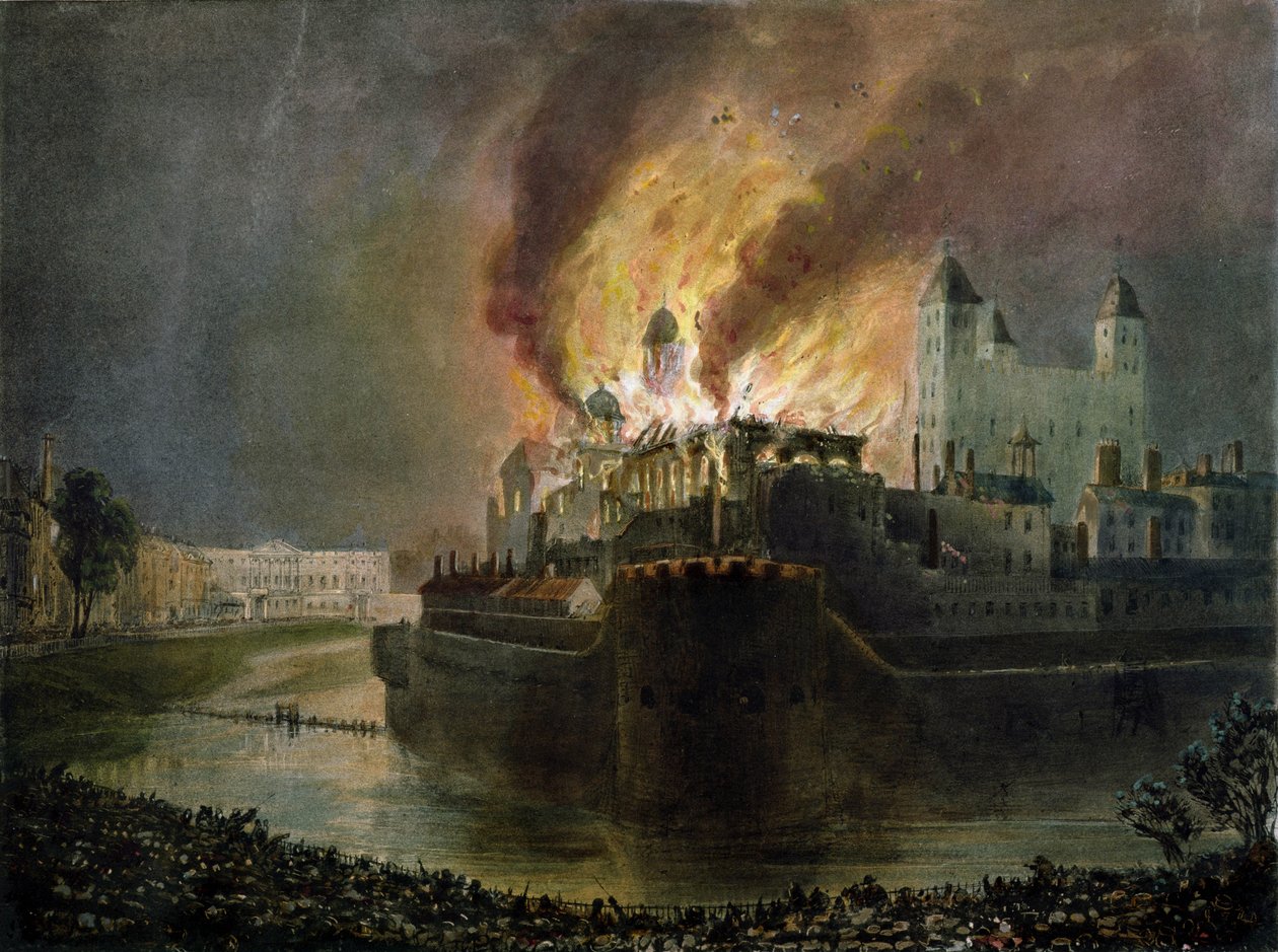 Zničení Malé zbrojnice v Tower of London dne 30. října 1841 (tisk Ackermann) od William C. Smith