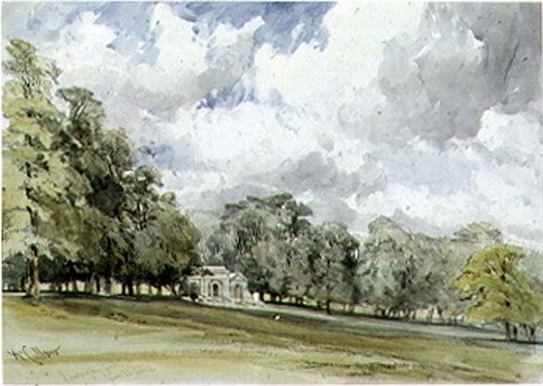 Pohled v Kensington Gardens ukazuje Temple Cottage od William Callow