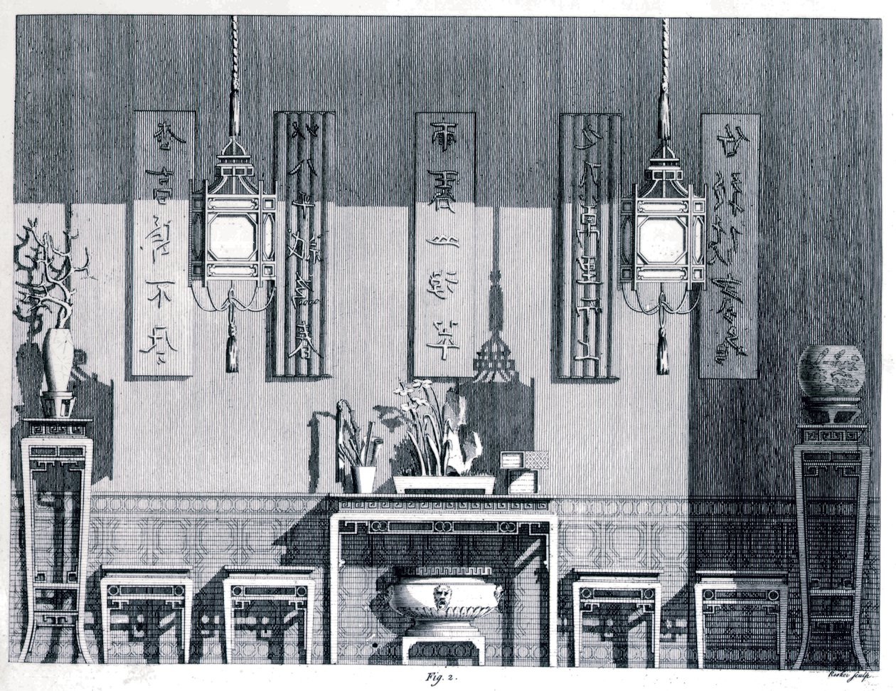 Interiér, Chambers, Sir William (1723-96) z Designs of Chinese Buildings, 1759, Černobílá rytina od William Chambers