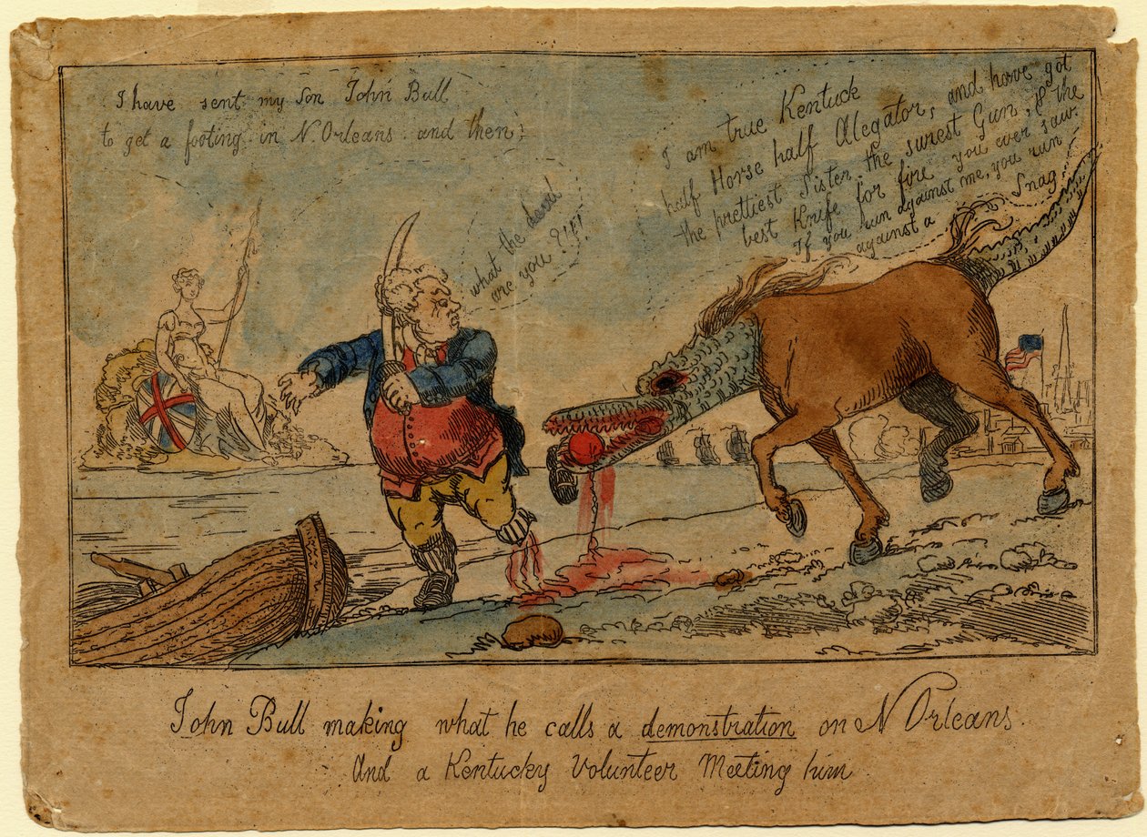 John Bull dělá to, čemu říká demonstrace, kolem roku 1815 (ručně kolorovaný lept) od William Charles