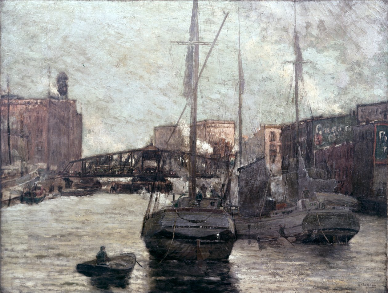 Pohled na řeku Chicago ukazující Clark Street Bridge, 1910-12 od William Clusmann
