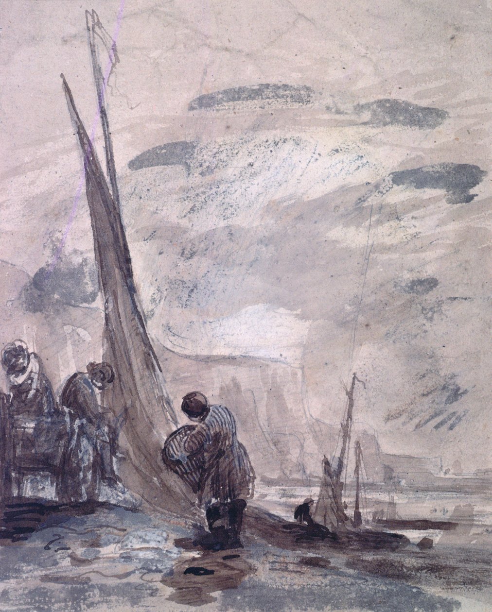 Postavy s vozíkem a čluny na břehu, poblíž útesů, 19. století od William Collins