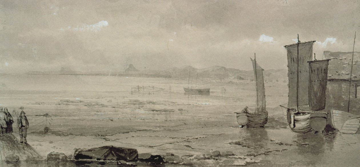 Studie mořského pobřeží: Odliv, s rybářskými loděmi a rybáři, 19. století (akvarel) od William Collins