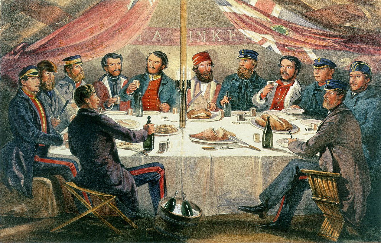 Vánoční večeře na výšinách před Sebastopolem, rytina J.A. Vinter, hospoda. 1855 od William Crimea Simpson
