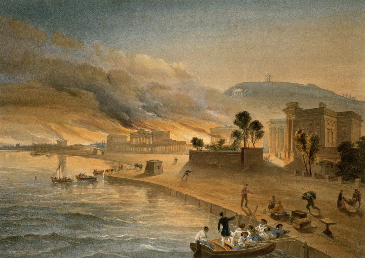 Vypálení vládních budov v Kertchu, deska z knihy "The Seat of War in the East", vyd. Paul und Dominic Colnaghi und Co., 1856. od William Crimea Simpson