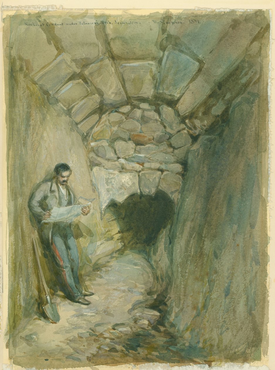 Skalní kanál pod Robinsonovým obloukem, Jeruzalém, 1871 (čb a tužka na papíře) od William Crimea Simpson