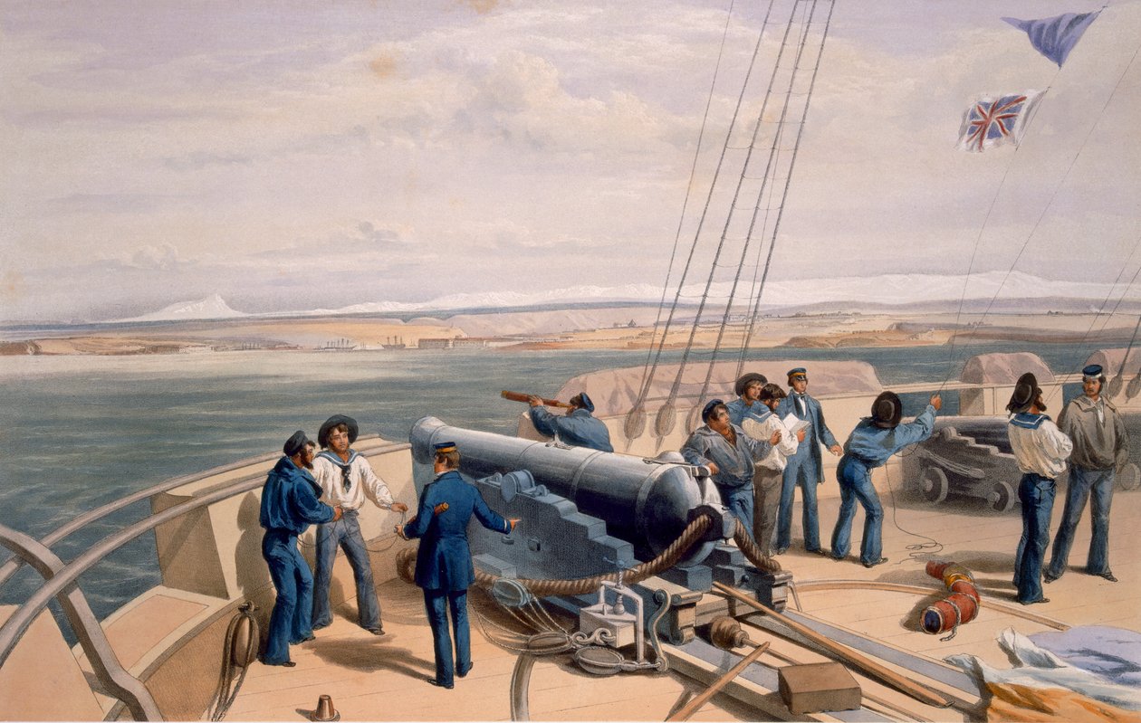 Sebastopol from the Sea, deska z „The Seat of War in the East“, vydané nakladatelstvím Colnaghi and Co., 1856 (ručně kolorované lito) od William Crimea Simpson