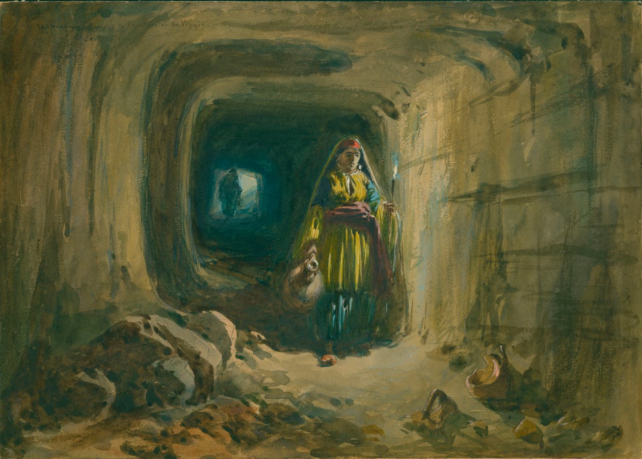 Podzemní průchod k fontáně Panny Marie, Jeruzalém, 1869 (wc a tužka na papíře) od William Crimea Simpson