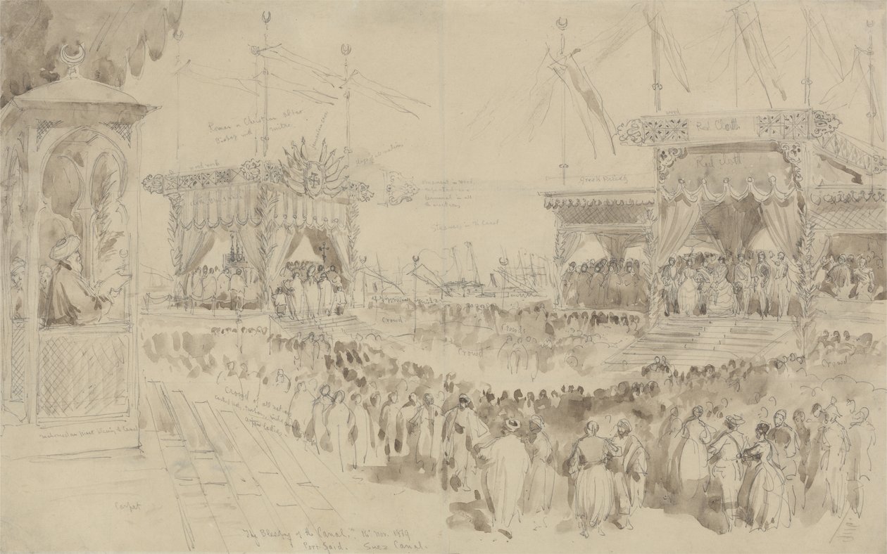 Požehnání Suezského průplavu, 1869 (grafit a hnědá barva na papíře) od William Crimea Simpson
