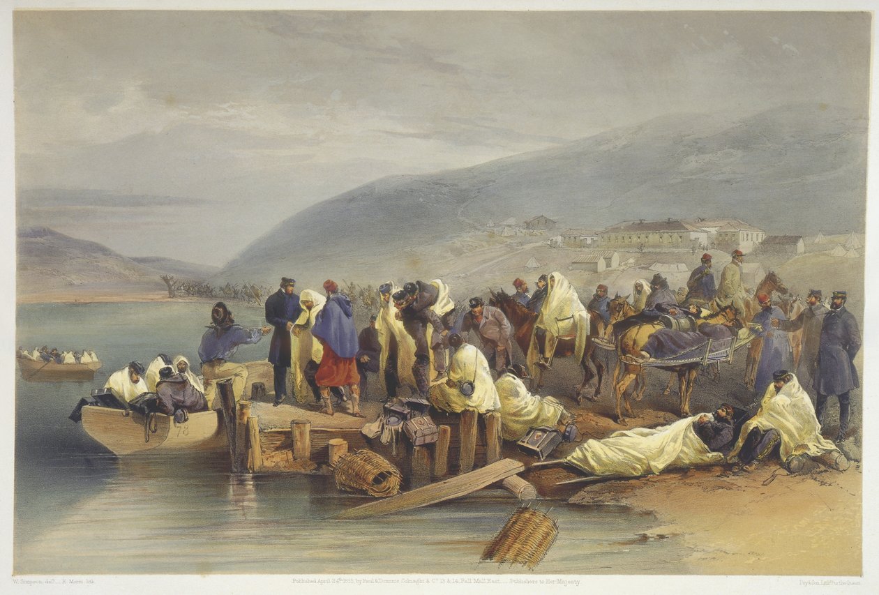 The Embarkation of the Sick at Balaklava, deska z „The Seat of War in the East“, vydané nakladatelstvím Colnaghi and Co., 1856 od William Crimea Simpson