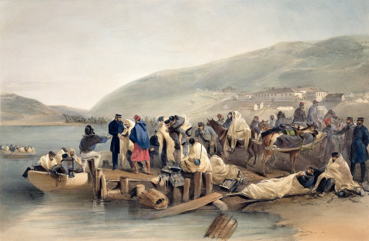 The Embarkation of the Sick at Balaklava, deska z „The Seat of War in the East“, vydané nakladatelstvím Colnaghi and Co., 1856 od William Crimea Simpson