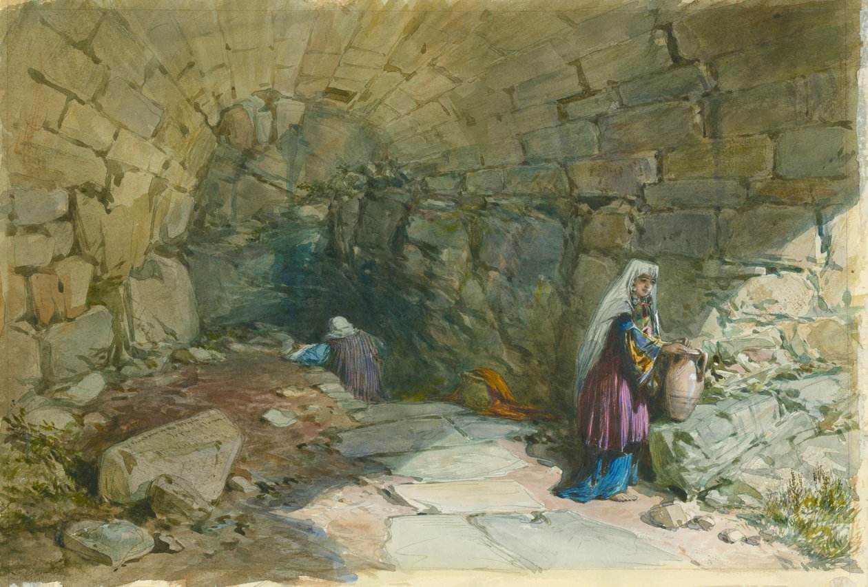 Fontána Panny Marie, Jeruzalém, 1869 (wc a tužka na papíře) od William Crimea Simpson