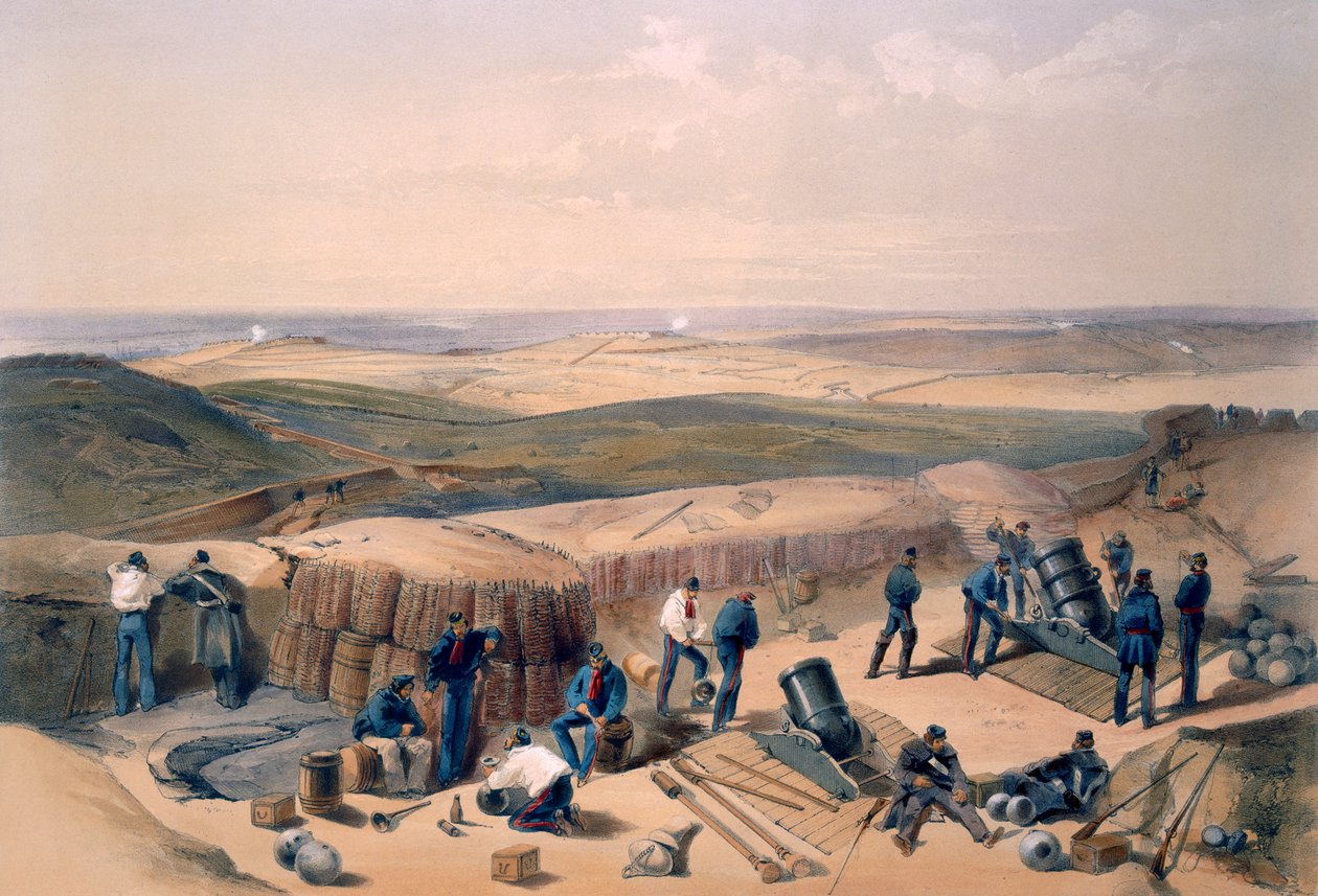 The New Works on the Right Attack, deska z „The Seat of War in the East“, vydané nakladatelstvím Colnaghi and Co., 1856 od William Crimea Simpson