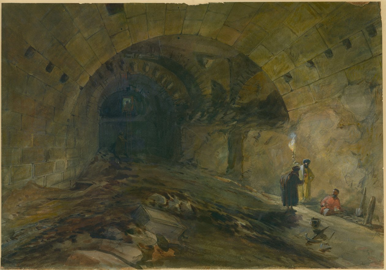 Wilsonův oblouk, Jeruzalém, 1870 (wc a tužka na papíře) od William Crimea Simpson