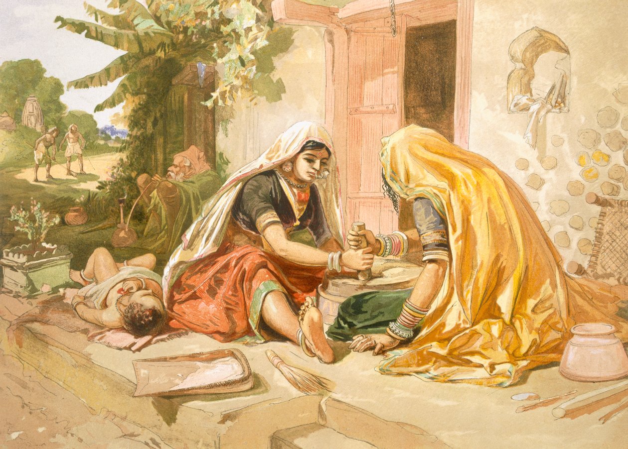 Ženy melou kukuřici, z ‚Indie starověké a moderní‘, 1867 od William Crimea Simpson
