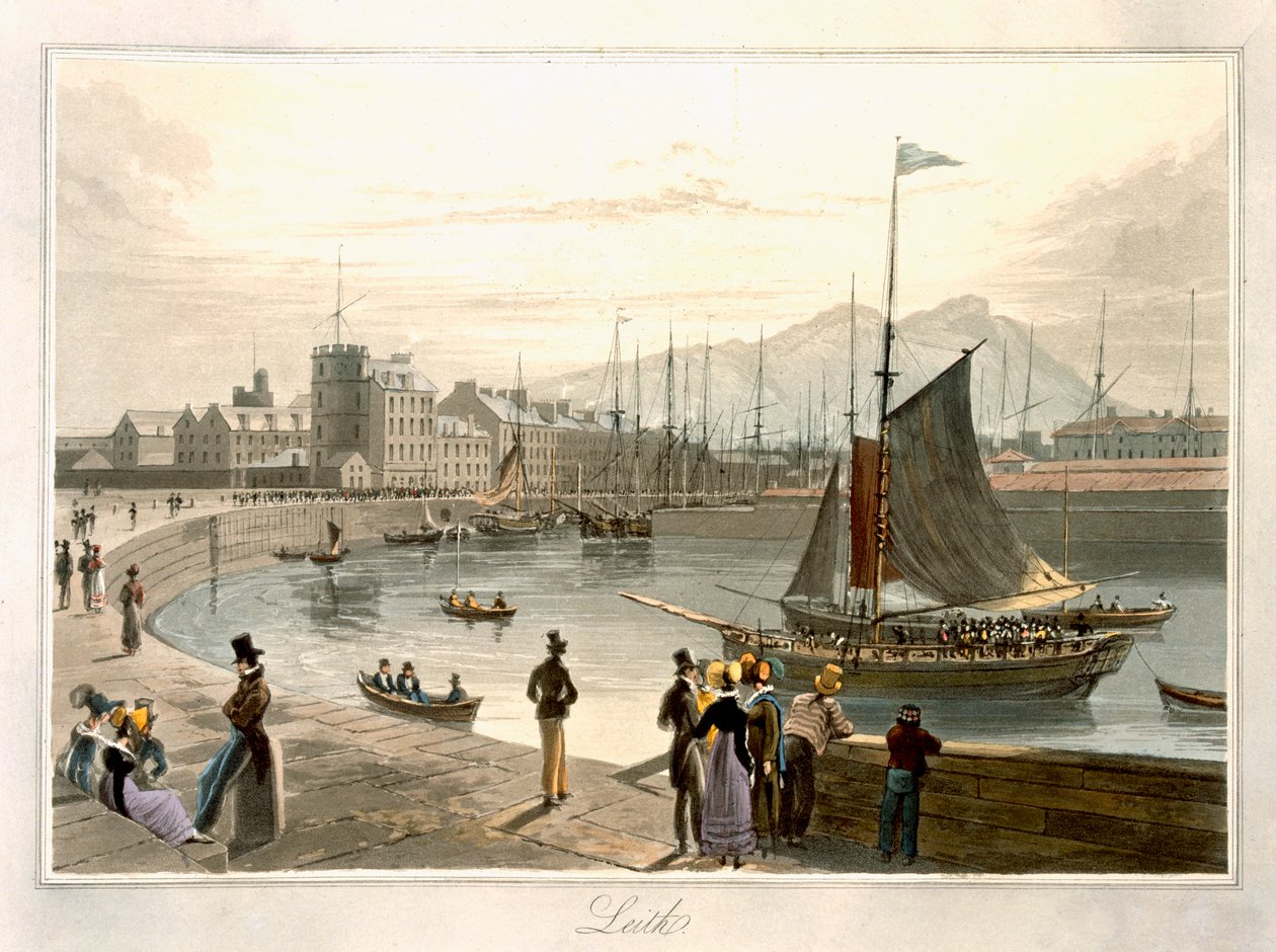 Trajekt připlouvající do Leith z „Cesta kolem Velké Británie uskutečněná v letech 1814 až 1825“ zveřejněná v roce 1829 od William Daniell