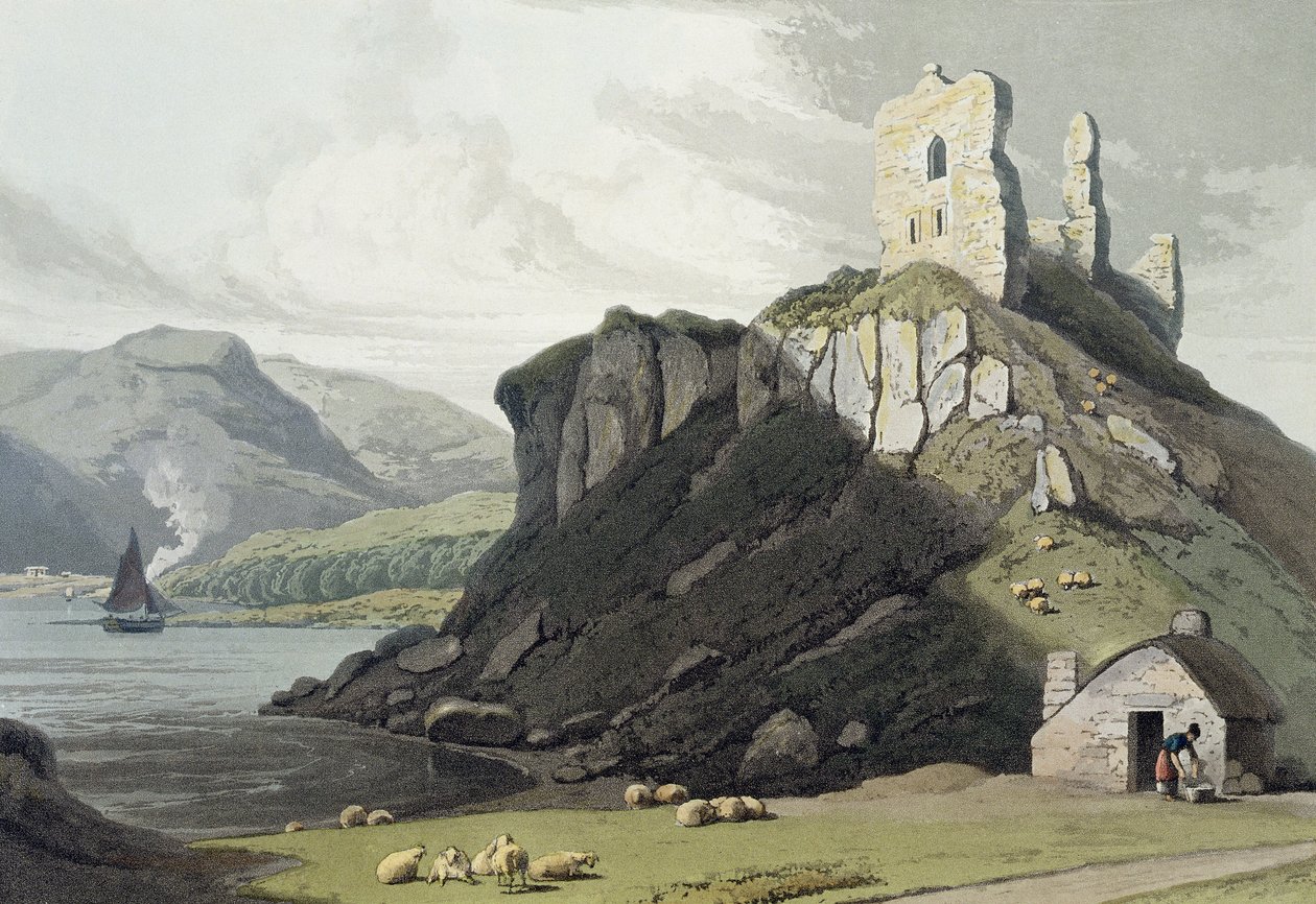 Hrad Aros, Isle of Mull, z „Cesta kolem Velké Británie uskutečněná mezi lety 1814 a 1825“, vydaná v Londýně, 1818 (ručně kolorovaná rytina) od William Daniell