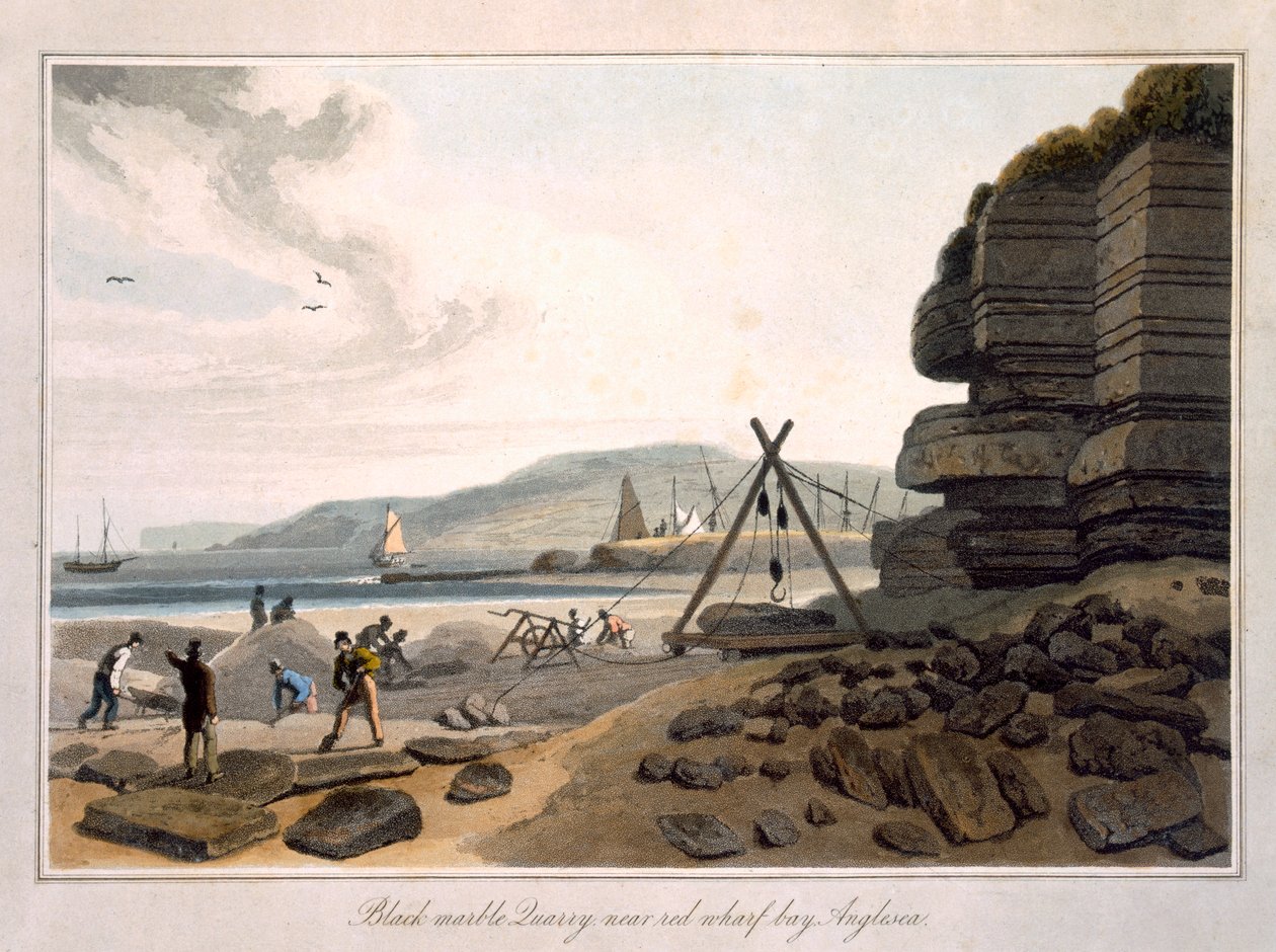 Černý mramorový lom poblíž Red Wharf Bay, Anglesea, z „Cesta kolem Velké Británie uskutečněná mezi lety 1814 a 1825“, vydáno 1815 od William Daniell