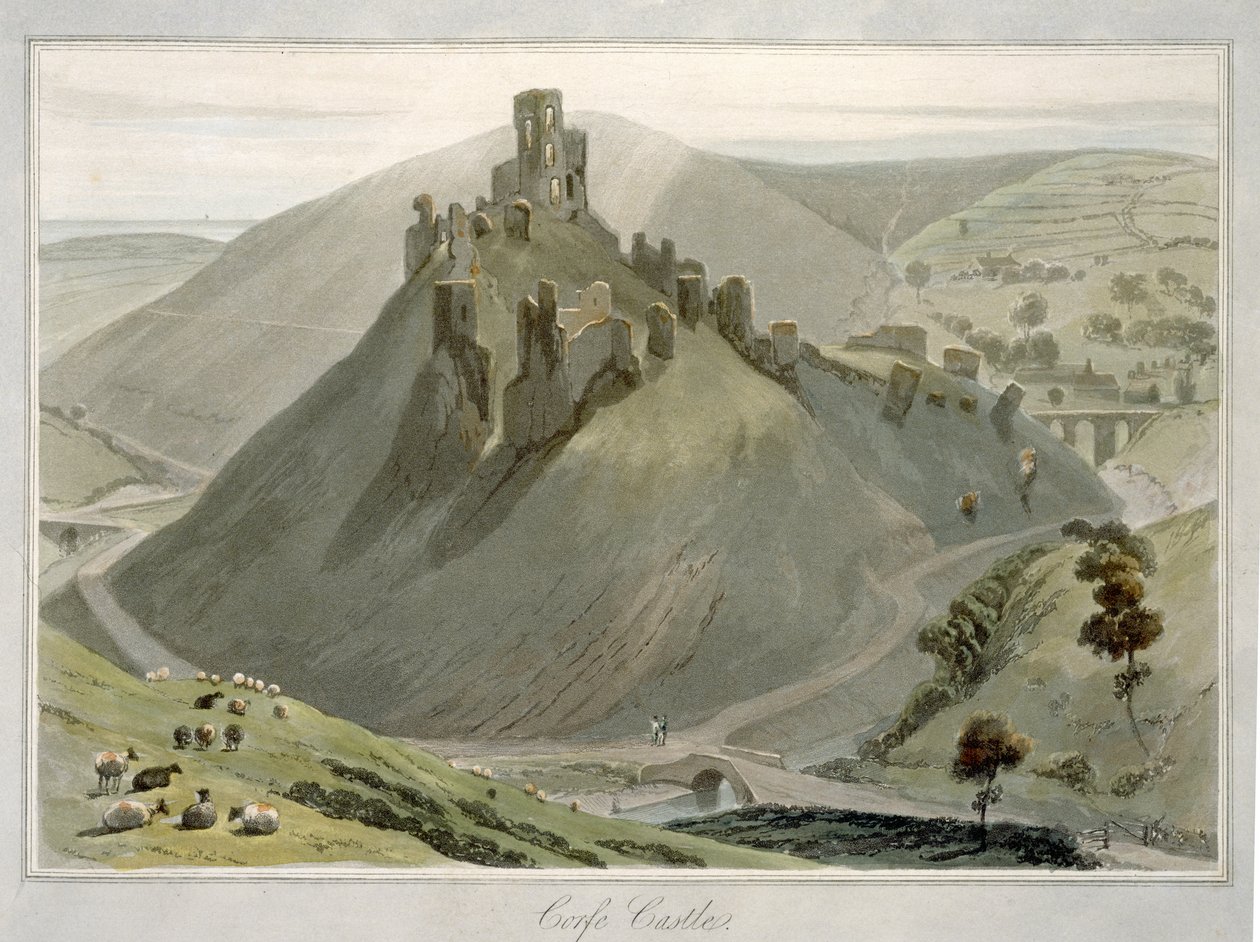 Hrad Corfe, z „Cesta kolem Velké Británie uskutečněná mezi lety 1814 a 1825“, vydaná v roce 1823 (akvatinta) od William Daniell