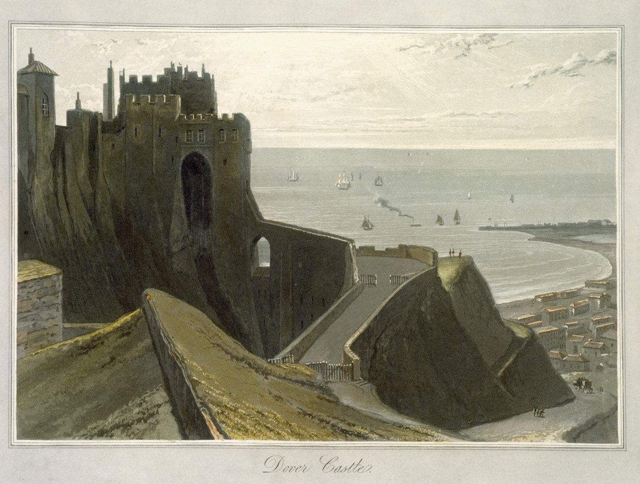 Hrad Dover, z „Cesta kolem Velké Británie uskutečněná v letech 1814 až 1825“, vydaná v roce 1823 od William Daniell