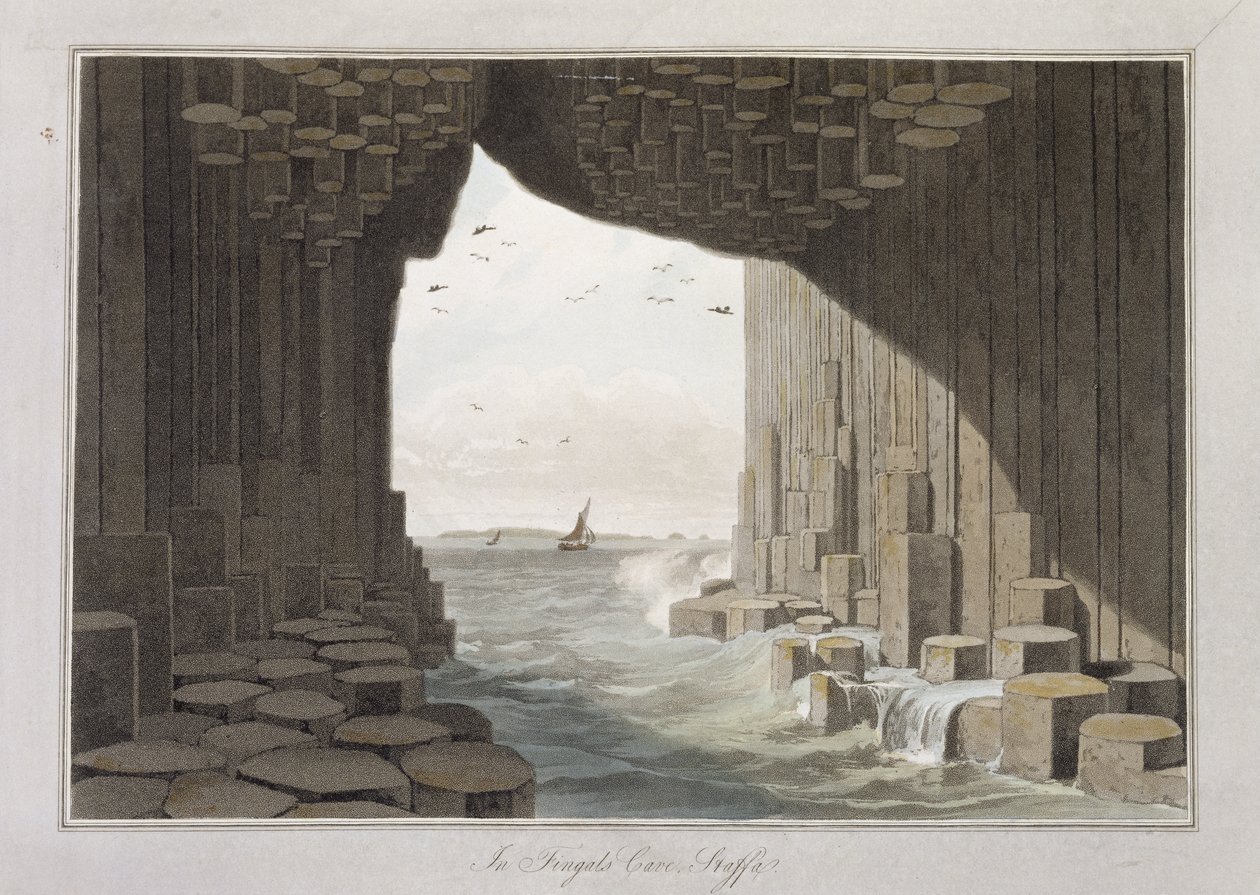 Ve Fingalově jeskyni na ostrově Staffa, z knihy "A Voyage A Great Britain Undertaken between the Years 1814 and 1825" vydané v roce 1829. od William Daniell
