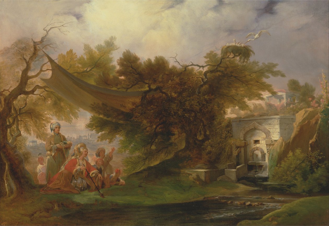 Indická krajina s postavami poblíž potoka od William Daniell