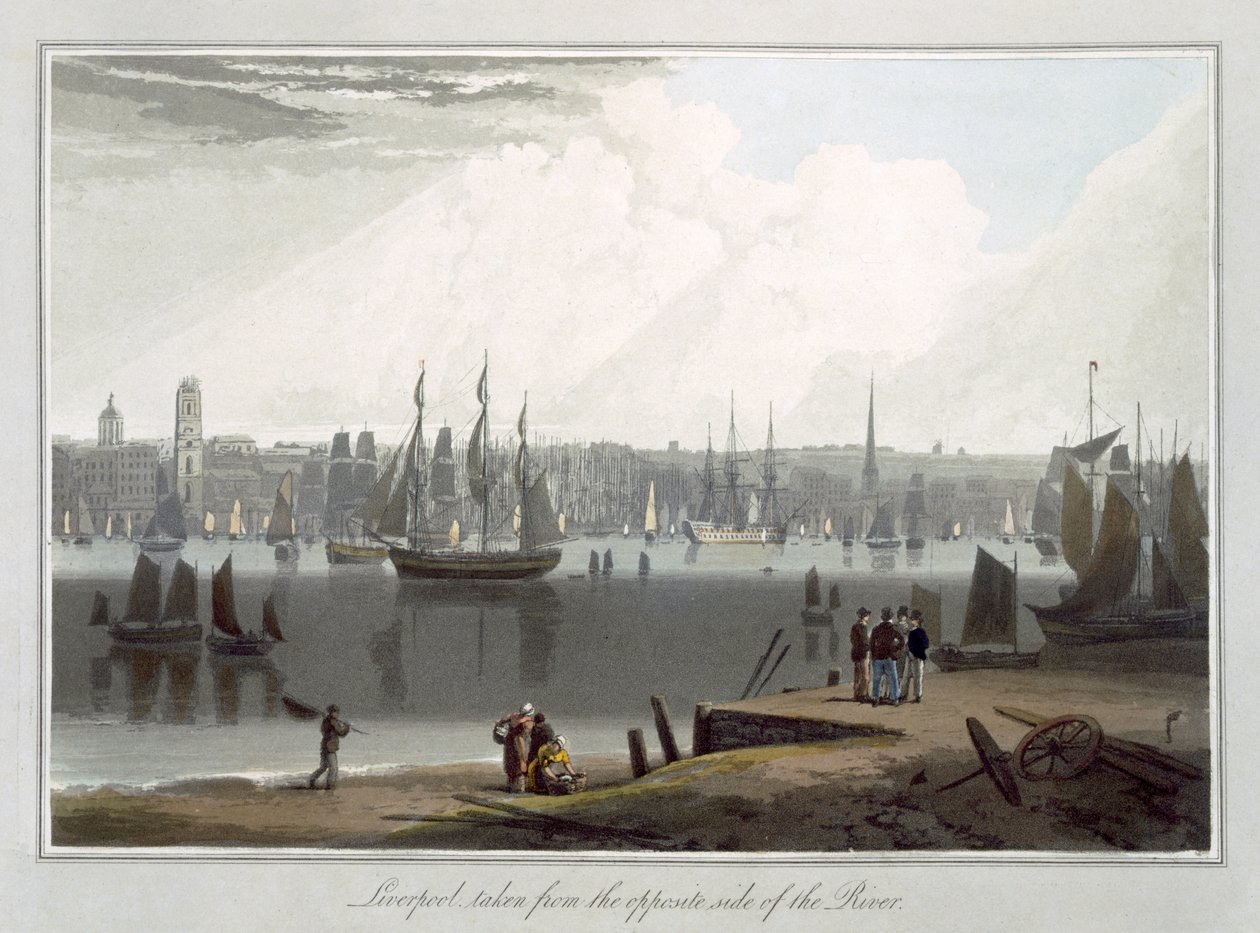 Liverpool, převzato z opačné strany řeky, ze svazku II „Cesta kolem Velké Británie uskutečněná mezi lety 1814 a 1825“, vydaného v roce 1815 od William Daniell