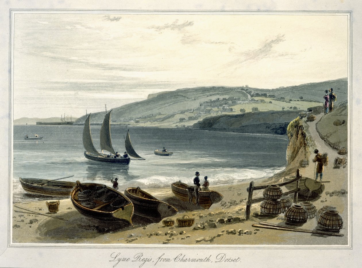 Lyme Regis, z Charmouth, Dorset, z „Cesta kolem Velké Británie uskutečněná mezi lety 1814 a 1825“ (akvatinta) od William Daniell