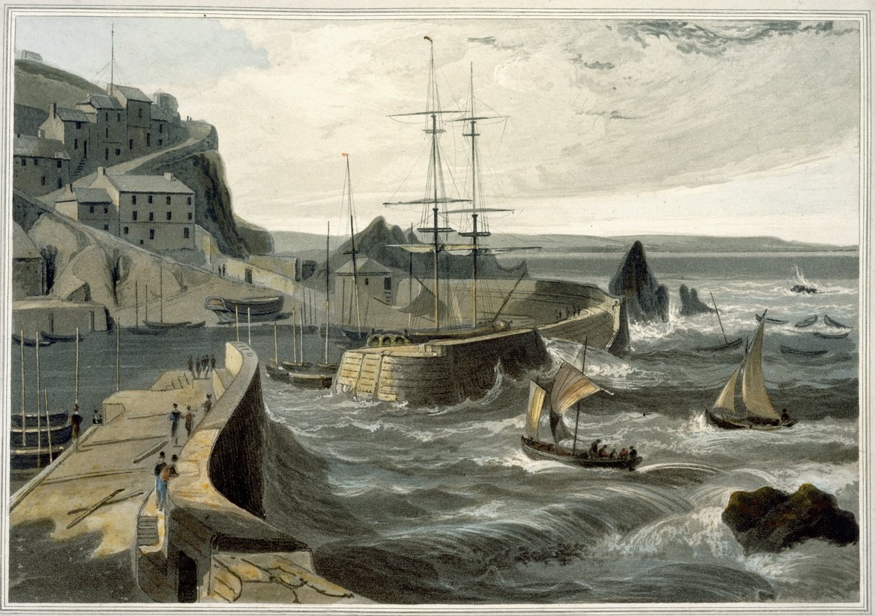 Mevagissey, Cornwall, ze svazku VIII „Cesta kolem Velké Británie uskutečněná mezi lety 1814 a 1825“, publikovaná v roce 1825 (akvatinta) od William Daniell