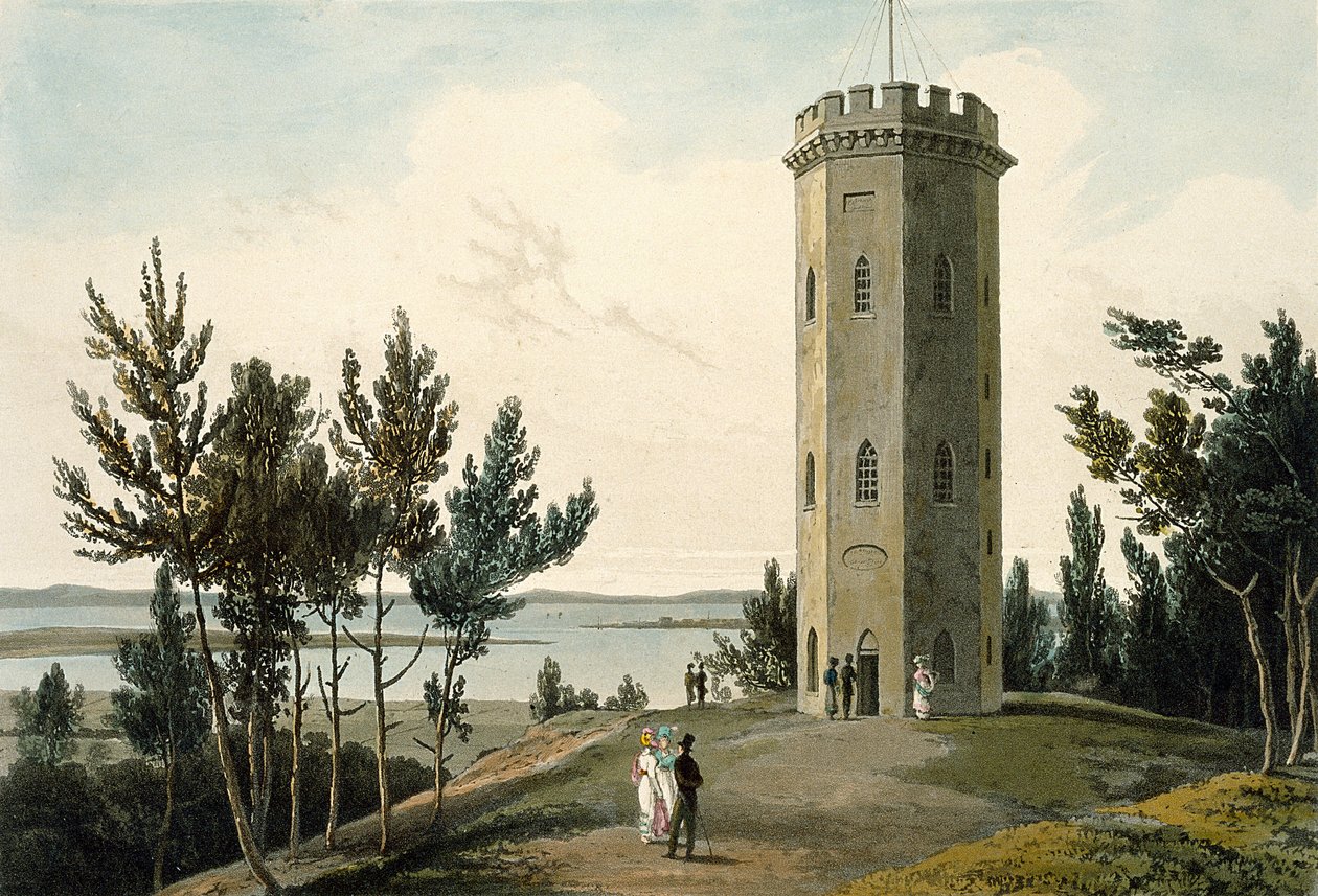 Nelsonova věž, Forres, z „Cesta kolem Velké Británie uskutečněná mezi lety 1814 a 1825“, vydaná v roce 1821 od William Daniell