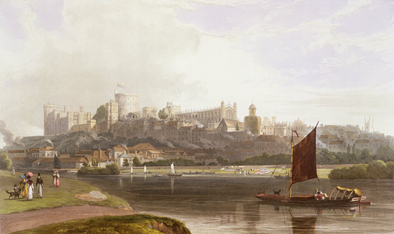 Windsorský hrad z River Meadow na Temži, z kompilace pohledů na Windsor, Eton a Virginia Water, c.1827-30 od William Daniell