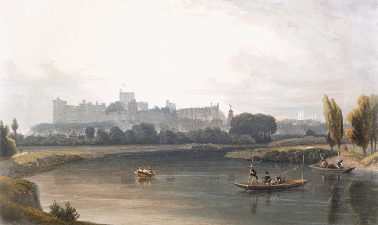 Windsorský hrad od řeky Temže: pohled na západ a rybolov z bodů „Pohledy na Windsor, Eton a Virginia Water“, kolem 1827-30 od William Daniell