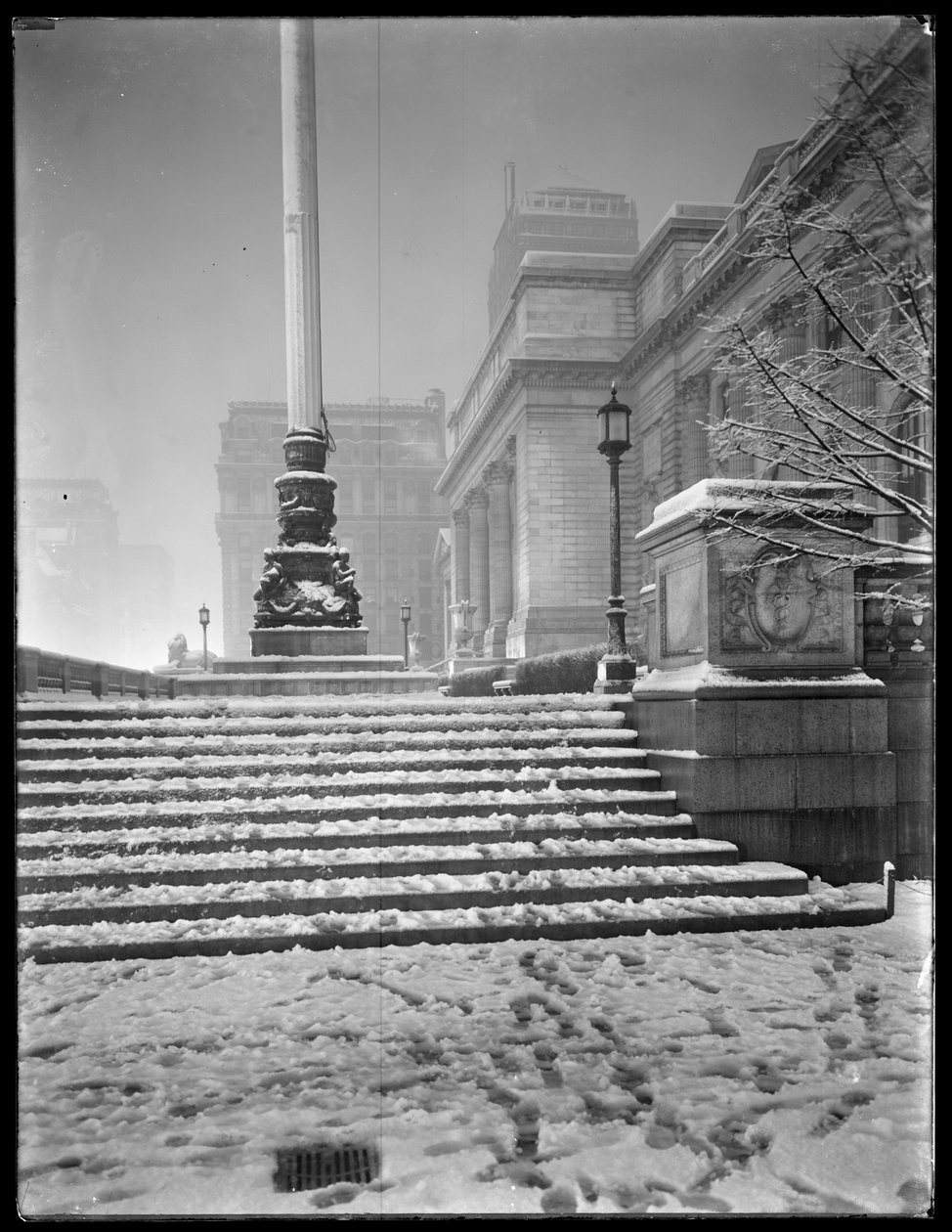Noční pohled na vchod do hlavní pobočky New York Public Library ze severovýchodních schodů, ve sněhu, 42nd Street a Fifth Avenue, New York City, 6. března 1915 od William Davis Hassler