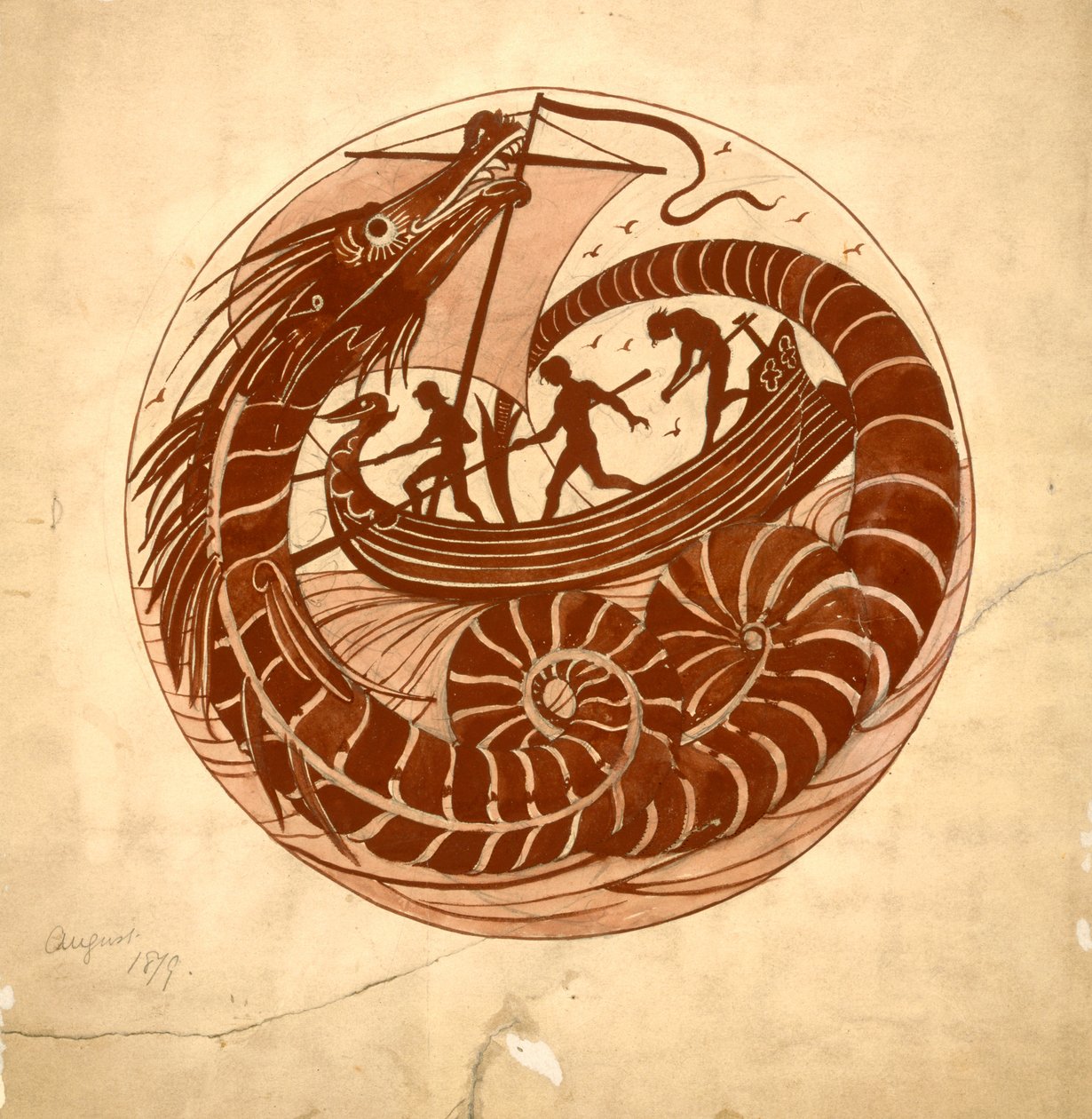Design pro pokrm s použitím mořského draka a lodi, 1879 (kvaš a tužka na papíře) od William de Morgan