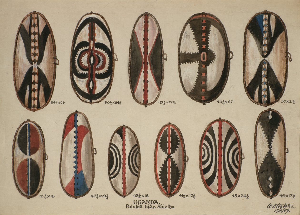 Uganda - Malované skryté štíty, 1909 (wc na papíře) od William Downing Webster