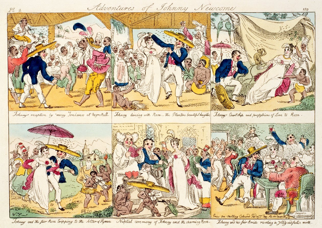 Dobrodružství Johnnyho Newcome, vydáno 1812 (barevný lept) od William Elmes