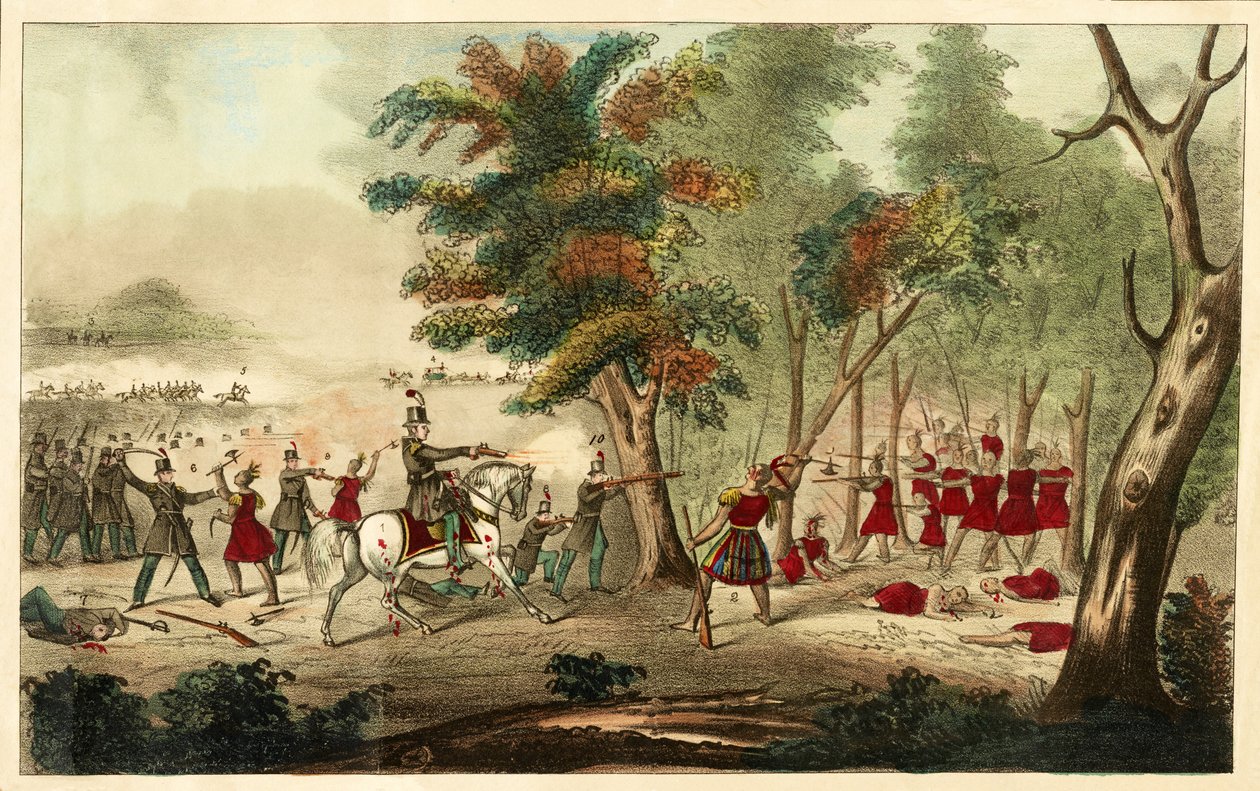 Bitva u Temže a smrt Tecumsehu, dobrovolníci na koni z Kentucky pod vedením plukovníka Richarda M. Johnsona, 5. října 1813, 1833 (ručně kolorované lito) od William Emmons