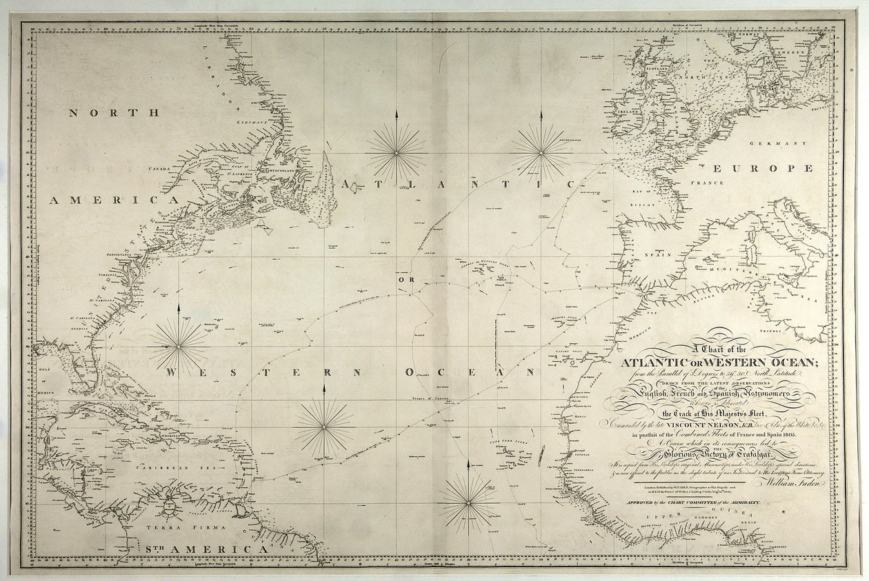 Mapa Atlantiku nebo Západního oceánu, ukazující dráhu Nelsonovy flotily, 12. května – 15. srpna 1805, 1807 od William Faden