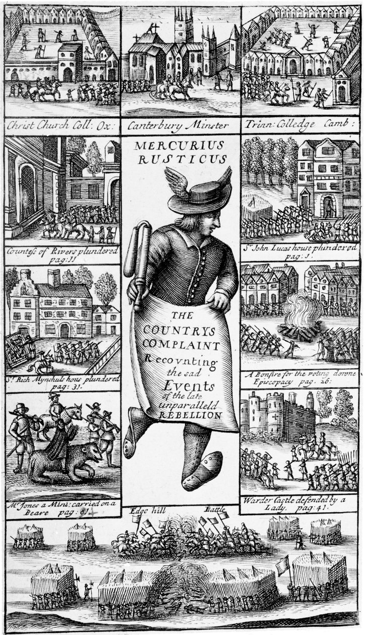 Frontispis k „Mercurius Rusticus: Stížnost země vyprávějící smutné události pozdního nesrovnatelného povstání“, vydané v roce 1685 od William Faithorne