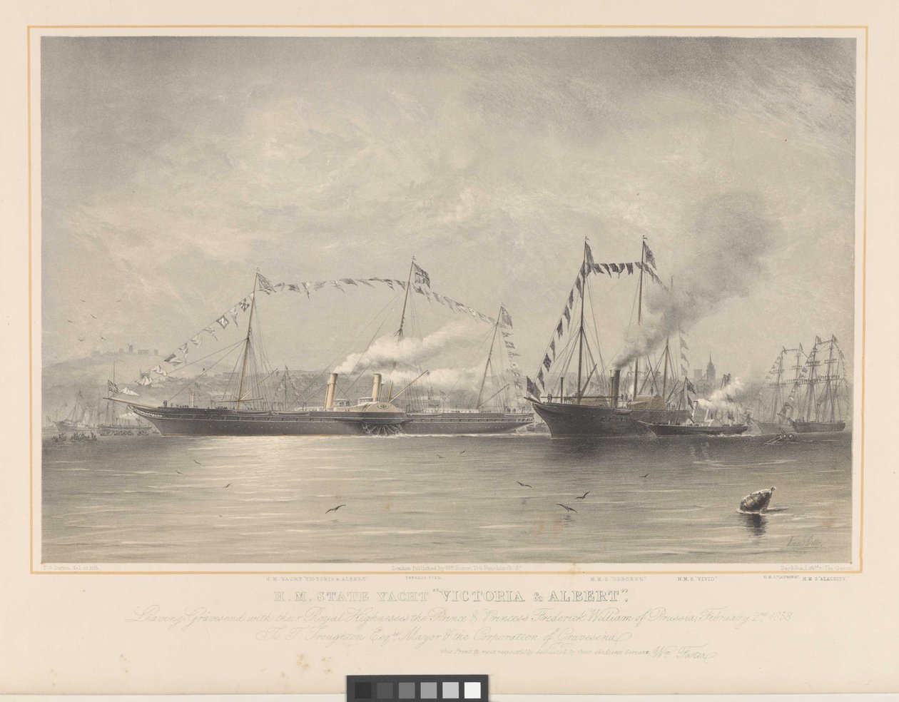 H.M. State Yacht Victoria & Albert, přičemž Gravesend se svými královskými výsostmi princem a princeznou Frederickem Williamem Pruskem, 2. února 1858    Podepsáno umělcem na desce. nedostupné od William Foster