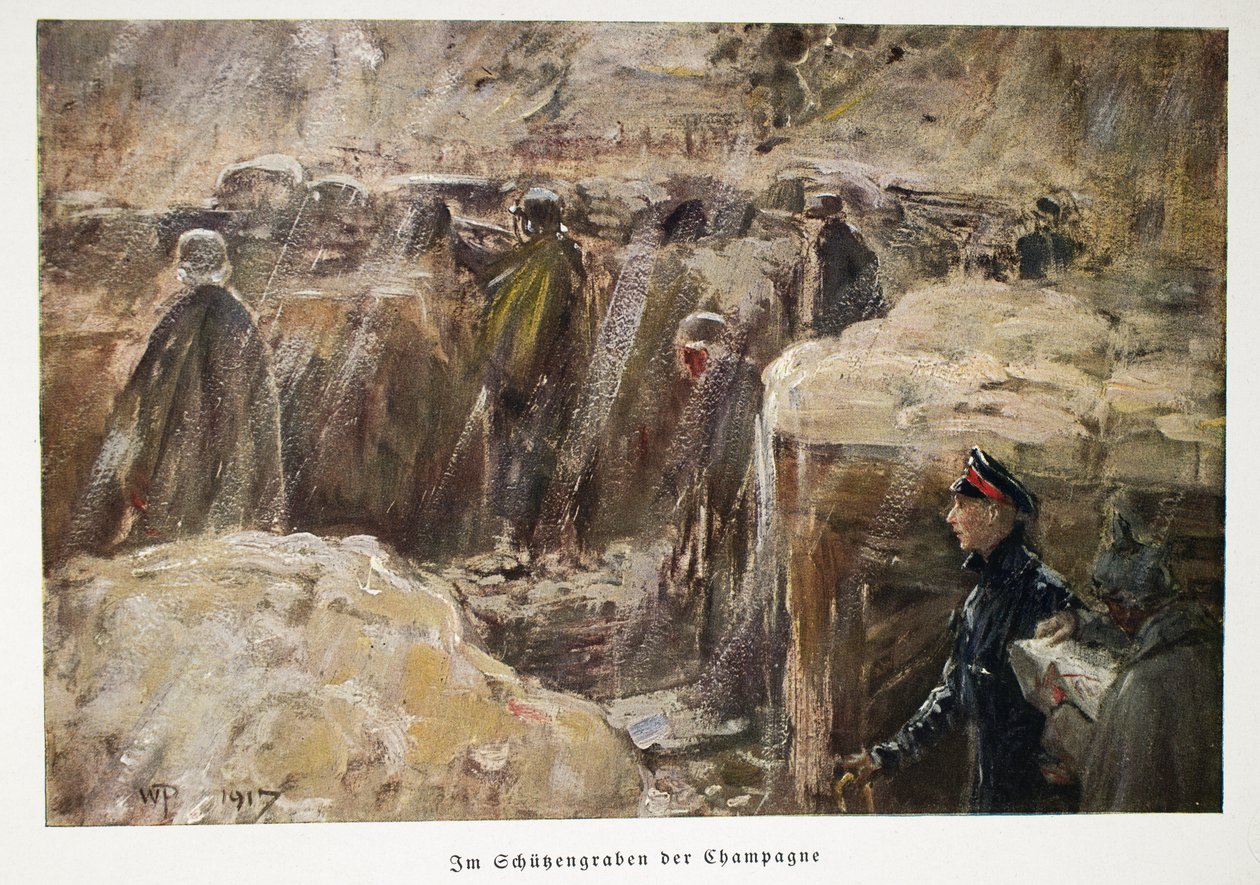 William, korunní princ Německa na návštěvě vojáků za liniemi v jejich zákopech v hospodě Champagne. 1917 (barevná litografie) od William Friedrich Georg Pape