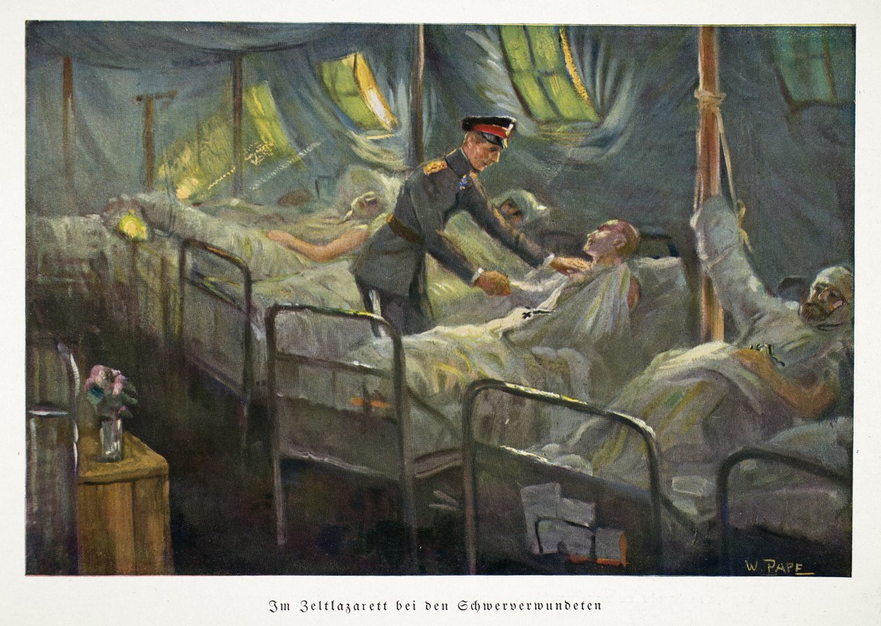 Vilém, korunní princ německý, při návštěvě raněných vojáků v polní nemocnici, pub. c1917 (barevná litografie) od William Friedrich Georg Pape