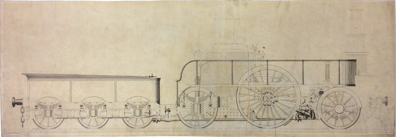 Konstrukční výkres experimentální kondenzační lokomotivy, před rokem 1848 od William George Armstrong